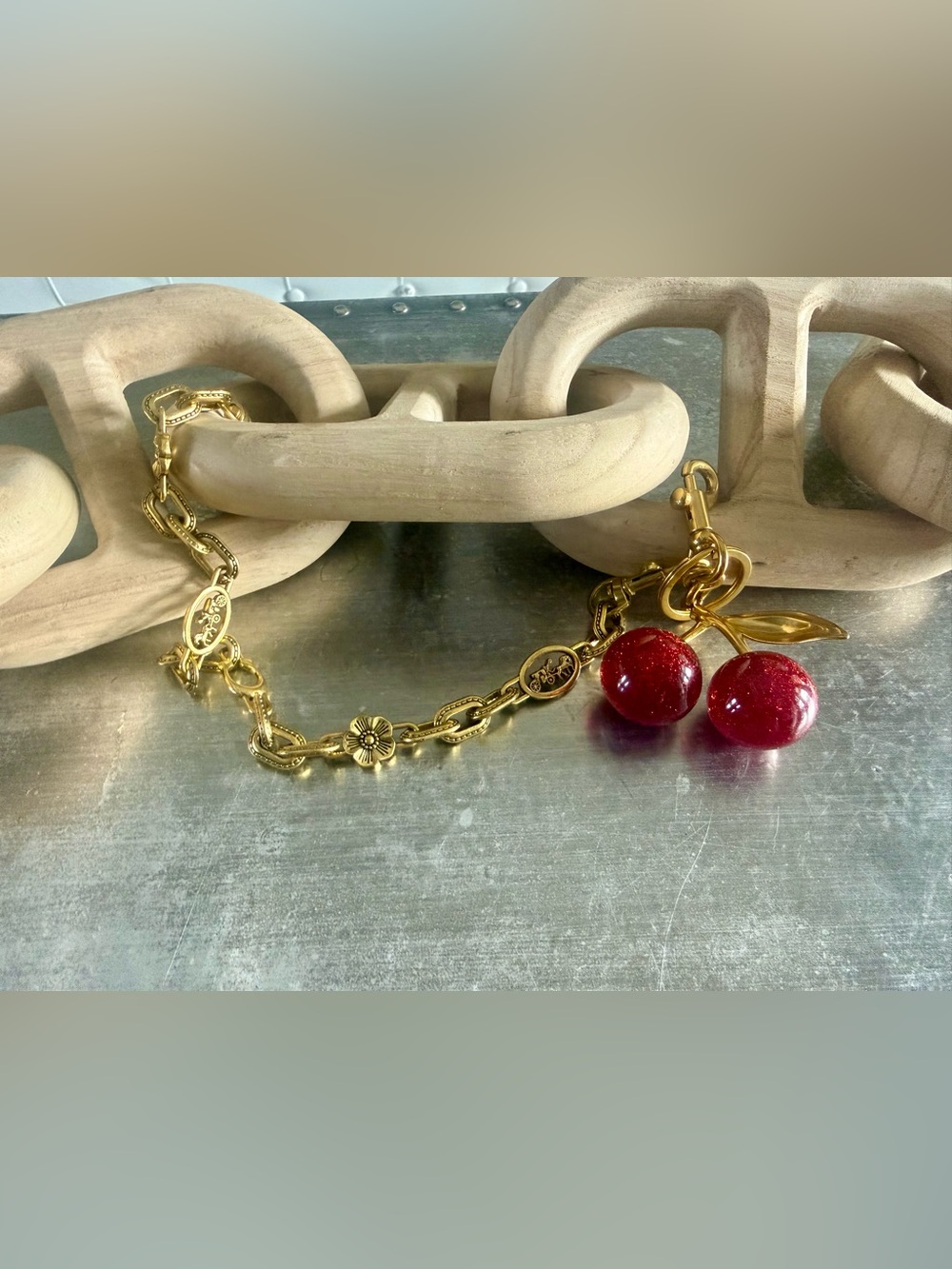 COACH Cherry Bag Charm Chain Strap Antique Brass Tone
